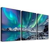 Farmhouse Canvas Wall Art for Bedroom, Living Room, Office - Aurora Scenery Painting on Stretched and Framed Pictures - 3 Piece Ready to Hang for Bathroom Home Decor