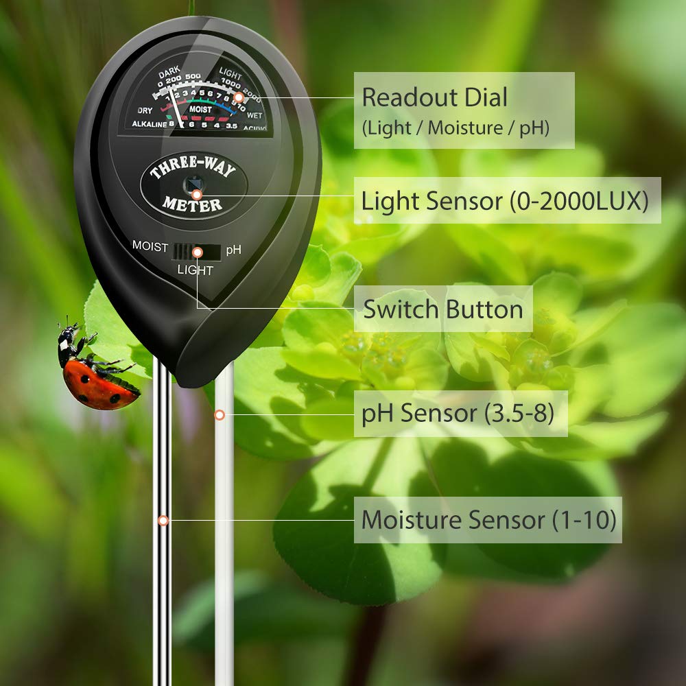 Veroyi ST03 Soil Meter, 3-in-1 Plant Moisture Meter/Soil pH Tester/Light Tester/Soil Test Kit/Gardening Tool for Gardener (Black)