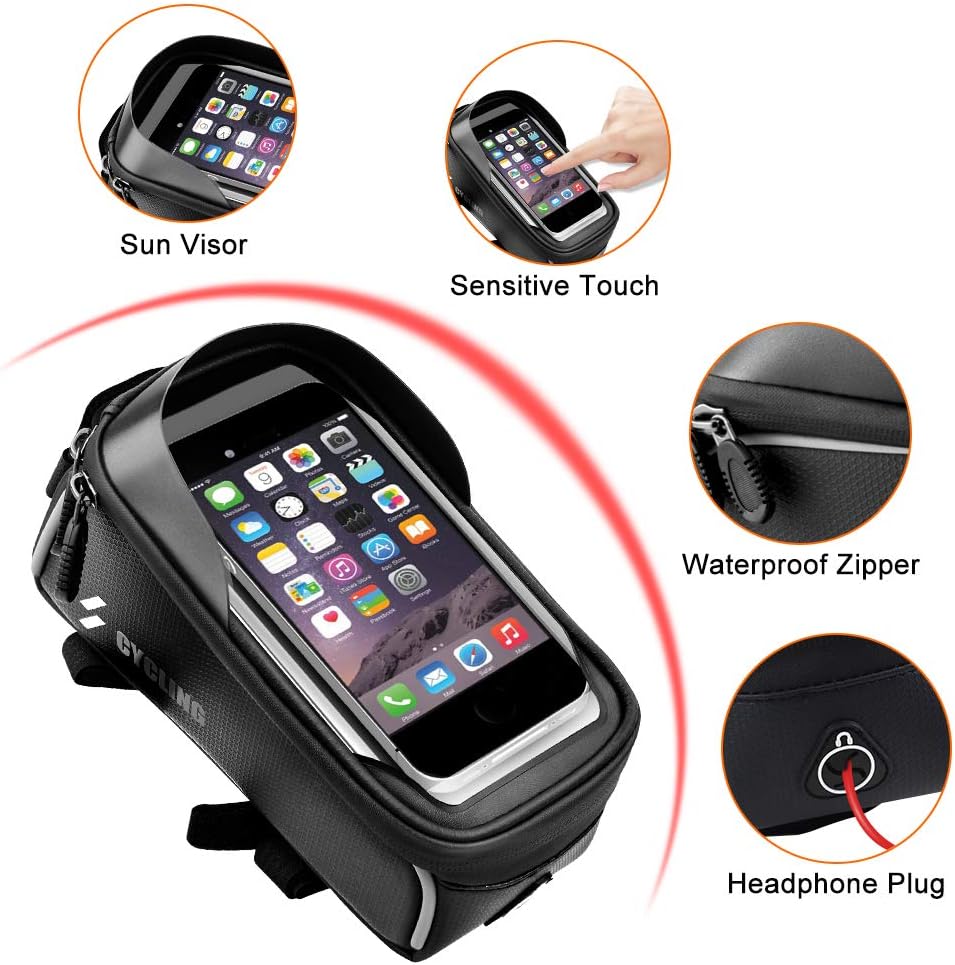 Bicycle Front Frame Bags, Waterproof Cycling Phone Mount Touch Screen Bike Phone Front Frame Bag with Sun Visor Large Capacity Compatible with iPhone 7plus 8plus X XS Max XR : Sports & Outdoors