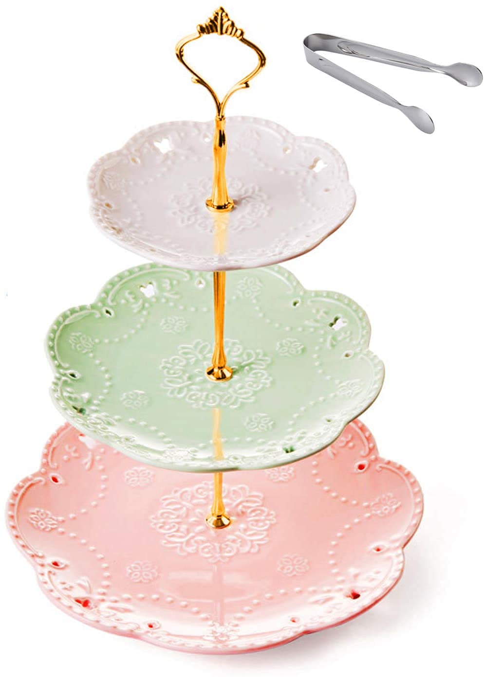Photo 1 of *** BOTTOM PINK ONE BROKE***    3-Tier Ceramic Sering Stand,Cake Stand-Dessert Stand-Cupcake Stand-Tea Party Serving Platter (3 Color-Gold)