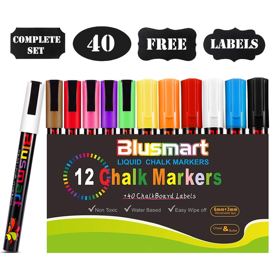 Chalk Markers, Blusmart 12 pack Colorful Erasable Glass Window Pens with 40 Chalkboard Labels, Reversible Tips 6mm+3mm, Children Friendly