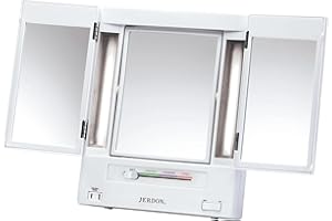 JERDON Tri-Fold Two-Sided Makeup Mirror with Lights - Vanity Mirror with 5X-1X Magnification & Multiple Light Settings - White - Model JGL9W