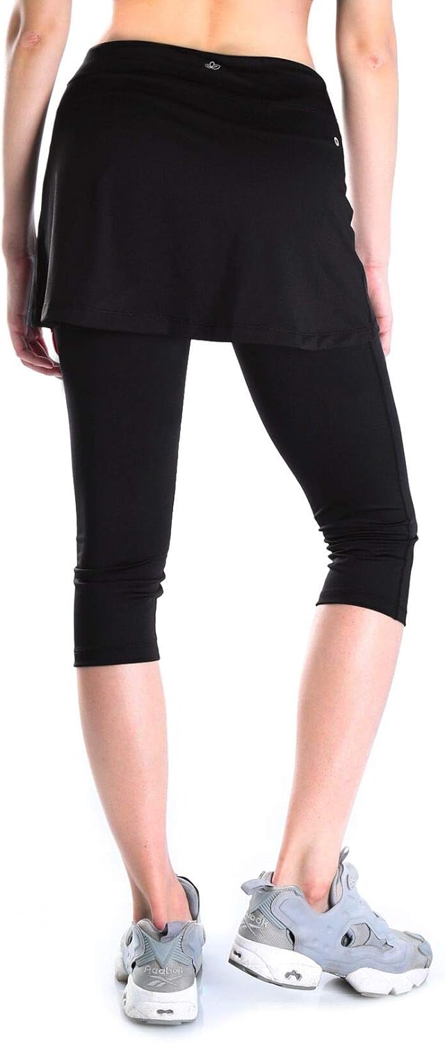 Yogipace Women's UV Protective Capri Leggings with Skirt, Running Skirted Capri, Active Skort with Golf Tennis Ball Pockets: Clothing