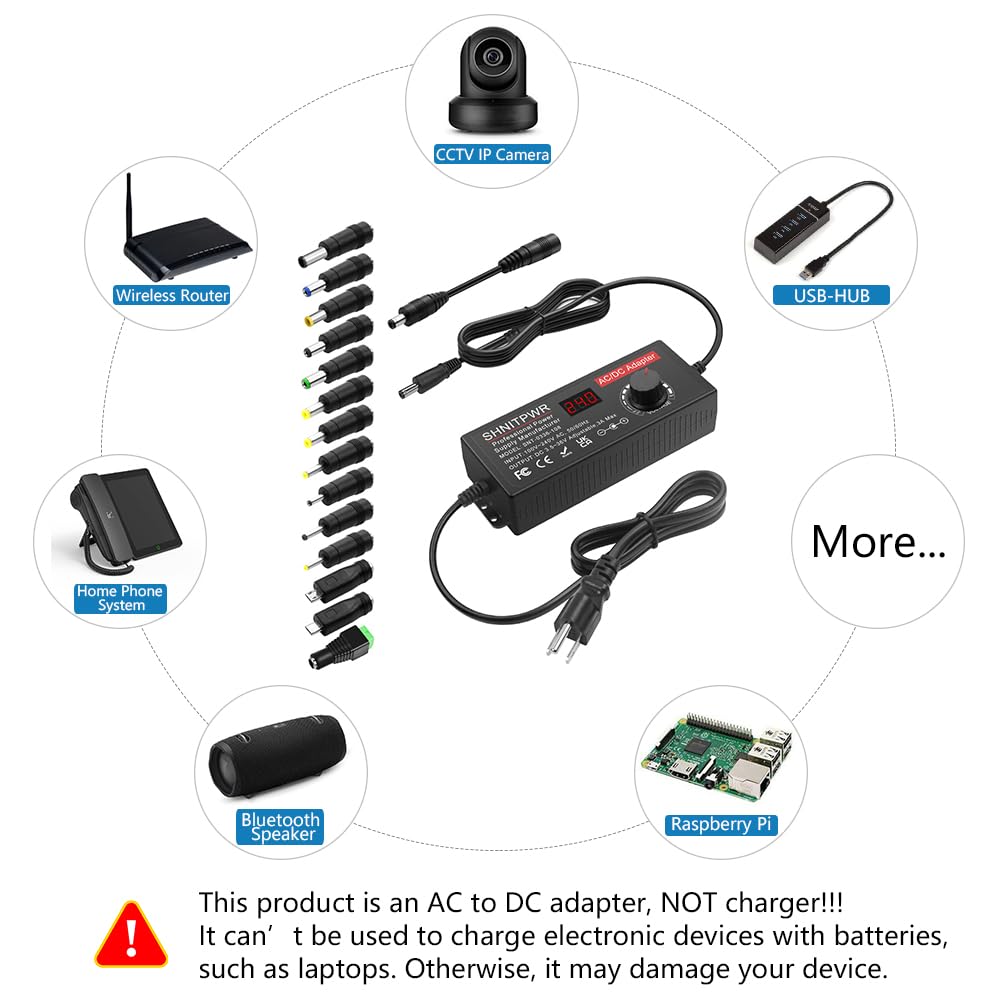 SHNITPWR 108W Universal Power Supply Adjustable DC 3.5V~36V 3A AC/DC Adapter 12V 24V 36V 5V 6V 9V 14V AC Adapter Multi-Voltage 100V~240V AC to DC Variable Power Converter DC Power Adapter with 14 Tips