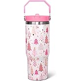 qwpmvhsak 30 oz Pink Christmas Tree Flip Tumbler with Handle lid and Straw CoffeeTravel Mug Cup Water Botter,Christmas Stuff Decor Accessories