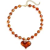VEDAIM Acrylic Puffy Heart Pendant Necklace Chunky Geometric Beaded Statement Necklace Jewelry Gift- Brown