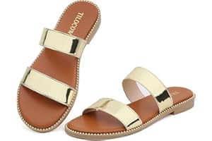 Tilocow Women's Flat Sandals with Rivets Inlaid Slip on Sandals Two Strap Casual Summer Slide Shoes