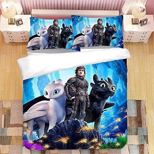 3 Pieces Duvet Cover Set 3D How to Train Your Dragon Pattern Printed Bedding for Kids Teen Adults Bedding (1 Duvet Cover and 2 Pillowcase)