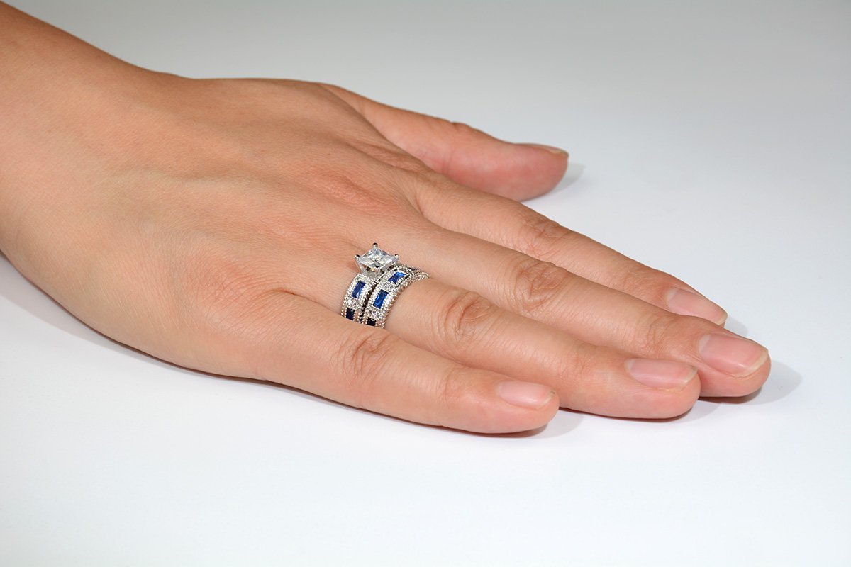 LAVUMO Bridal Set Princess Cut Simulated Blue Sapphire CZ Promise Engagement Wedding Ring Sets for Women Rhodium Plated Size 6 7 8 9 (6)