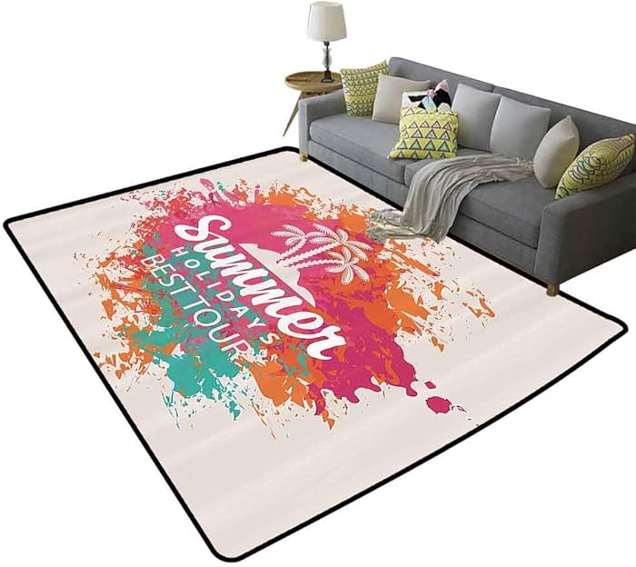 Quote Decor Decorative Rug Summer Holidays Best Tour Lettering with Palm Tree Island Rainbow Colored Image Non-Slip Multicolor, 4'x 6'(120x180cm)