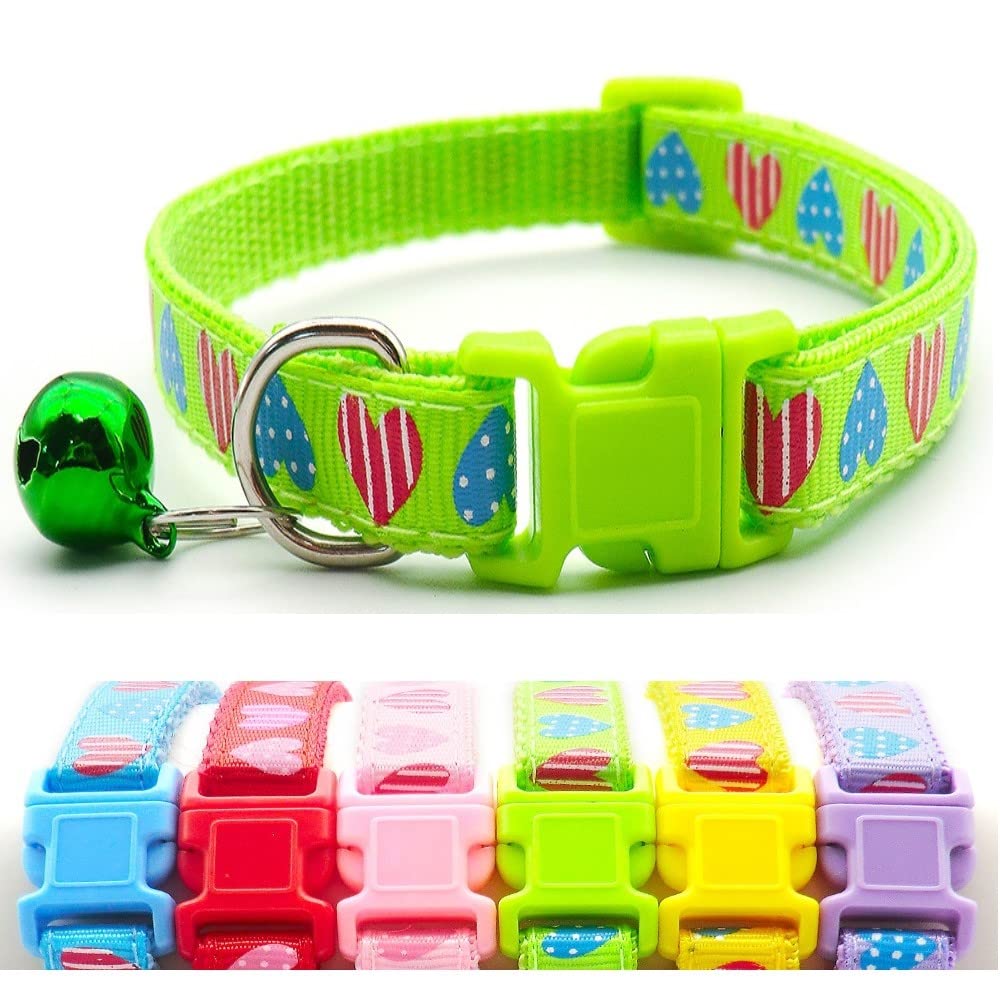 Small Dog Puppy Pet Collar Love Heart Design with Bell Nylon Adjustable Size 19-32cm Green