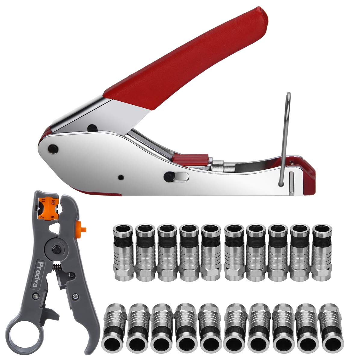 Preciva Coax Cable Crimper, Coaxial Wire Compression Toolkit with Crimp Tool, Double-Blade Wires Terminal Stripper Adjustable for Cable RG59/6/58/174, 20 F Connectors(for RG6 Cable&Cable TV)