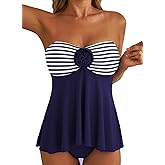Aleumdr Womens Tankini Swimsuit Flower Flyaway Two Piece Bathing Suit Bandeau Swim Top with High Waisted Bottom