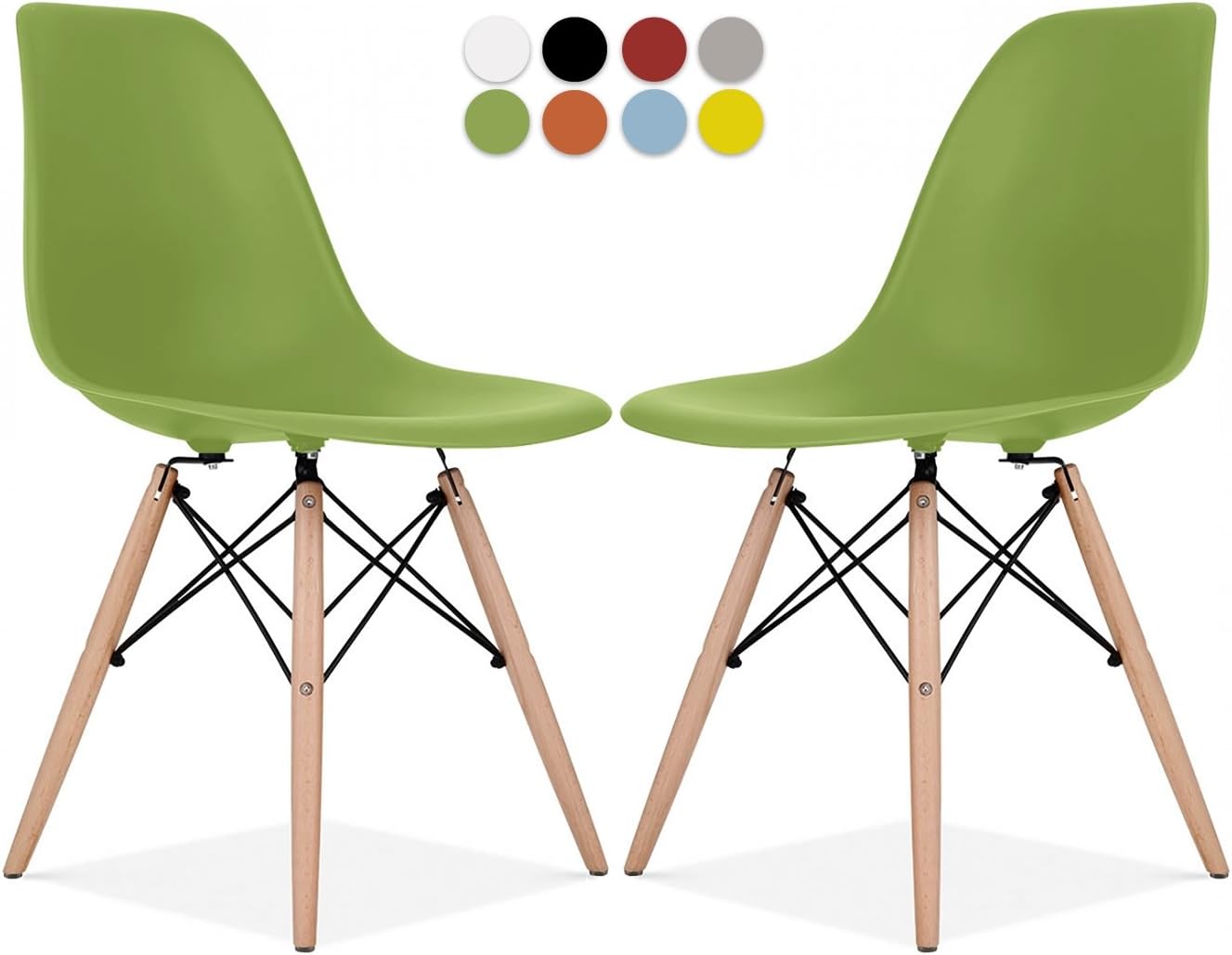 Le Vigan Eames Style Chair Set of 2 - Mid Century Modern Eames Molded Shell Chair with Dowel Wood Eiffel Legs - for Dining Room, Kitchen, Bedroom, Lounge - Easy-Assemble & Clean - Green