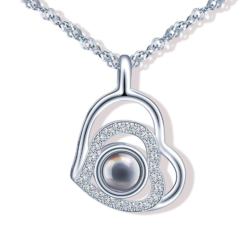 Yumilok Doublue Heart Necklaces with 100 Languages I Love You 925 Sterling Silver Necklace for Women Girls