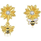 Bee Earrings for Women 925 Sterling Silver Sunflower Bee Stud Earrings 18K Gold Plated Bee Jewelry for Women