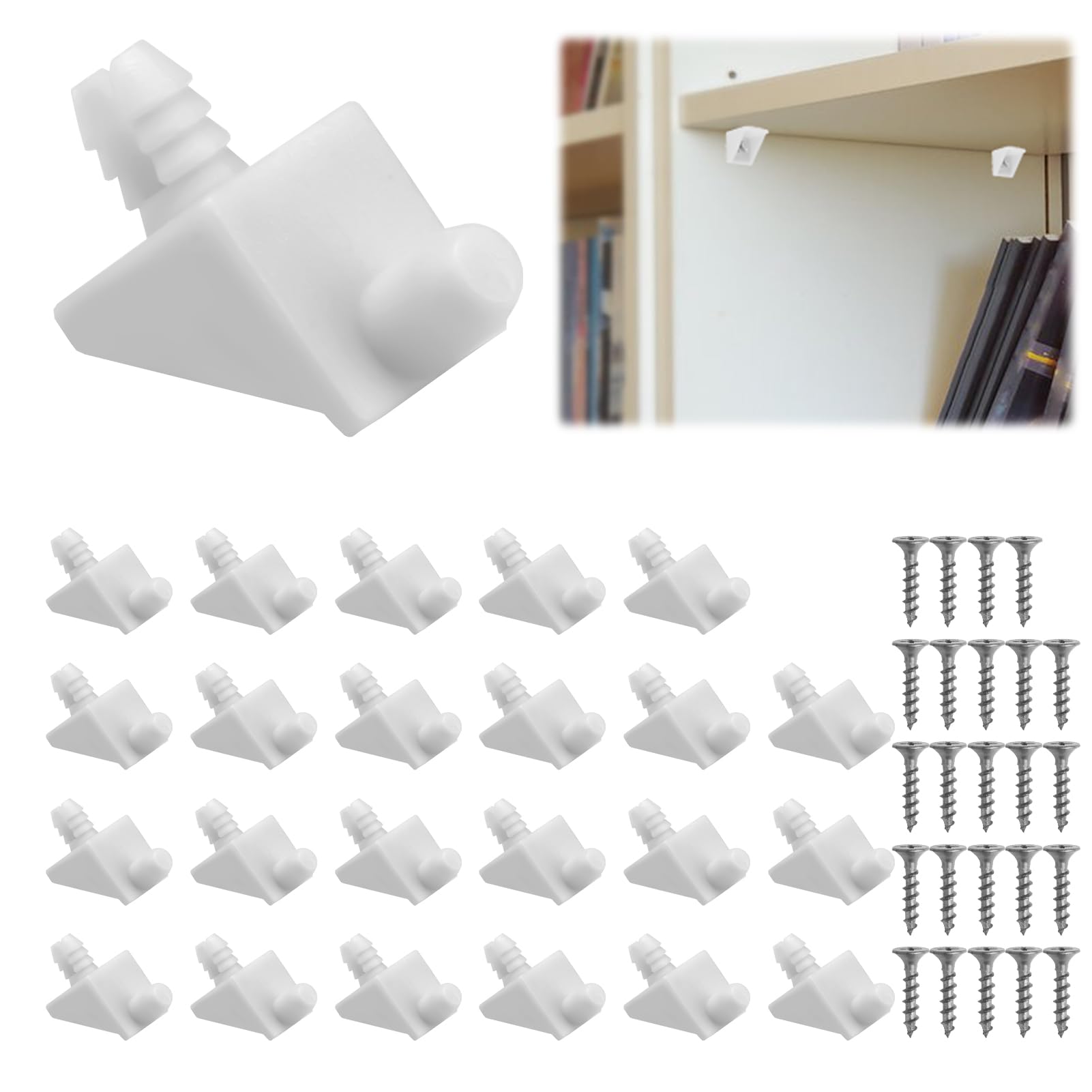 Pack of 24 Shelf Support Pins 101558 for IKEA Pax KOMPLEMENT, Billy Komplement Cabinet Shelf Pegs for Cabinet Shelves, Transparent PVC and Stainless Steel Shelf Holder Clips with Screws