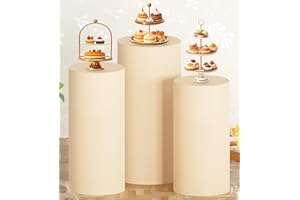 MODFUNS Cylinder Pedestal Cover Set of 3 Beige Cylinder Cover Spandex Pedestal Stand Cover Elastic Round Pillar Cover Vintage Cylinder Plinth Stand Cover for Wedding Reception Dessert Table Decor