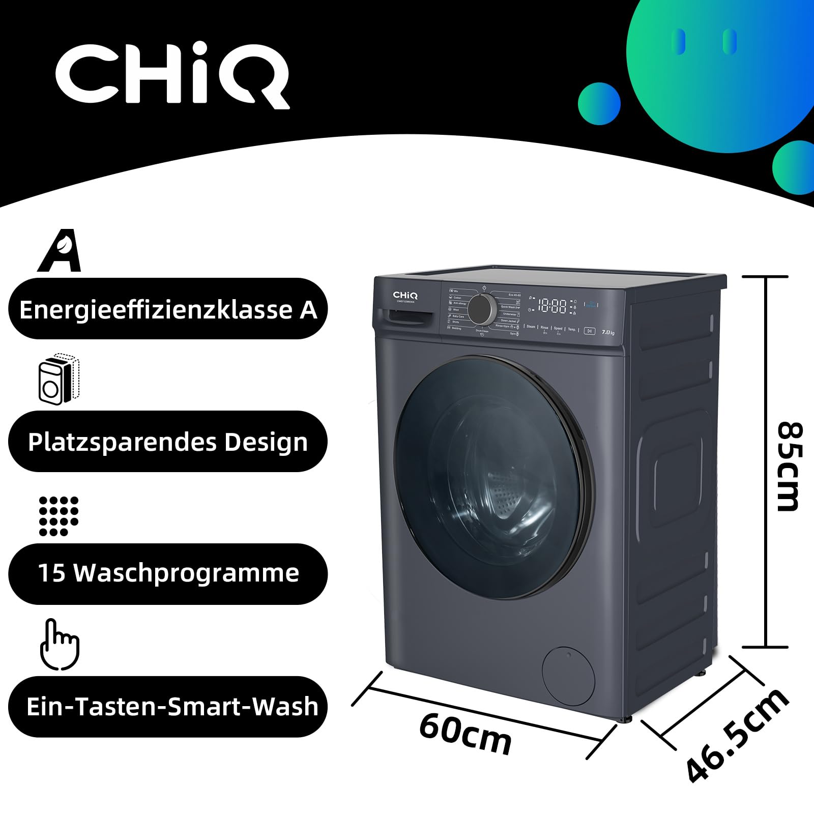 CHiQ Waschmaschine 7kg, InverterMotor, EEK A| 60x46,5x84cm, Große Tür| Eco, Speed Wash, Auto Clean, Kindersicherung|1200 U/Min, Washer Grau, CW07123863AX 2