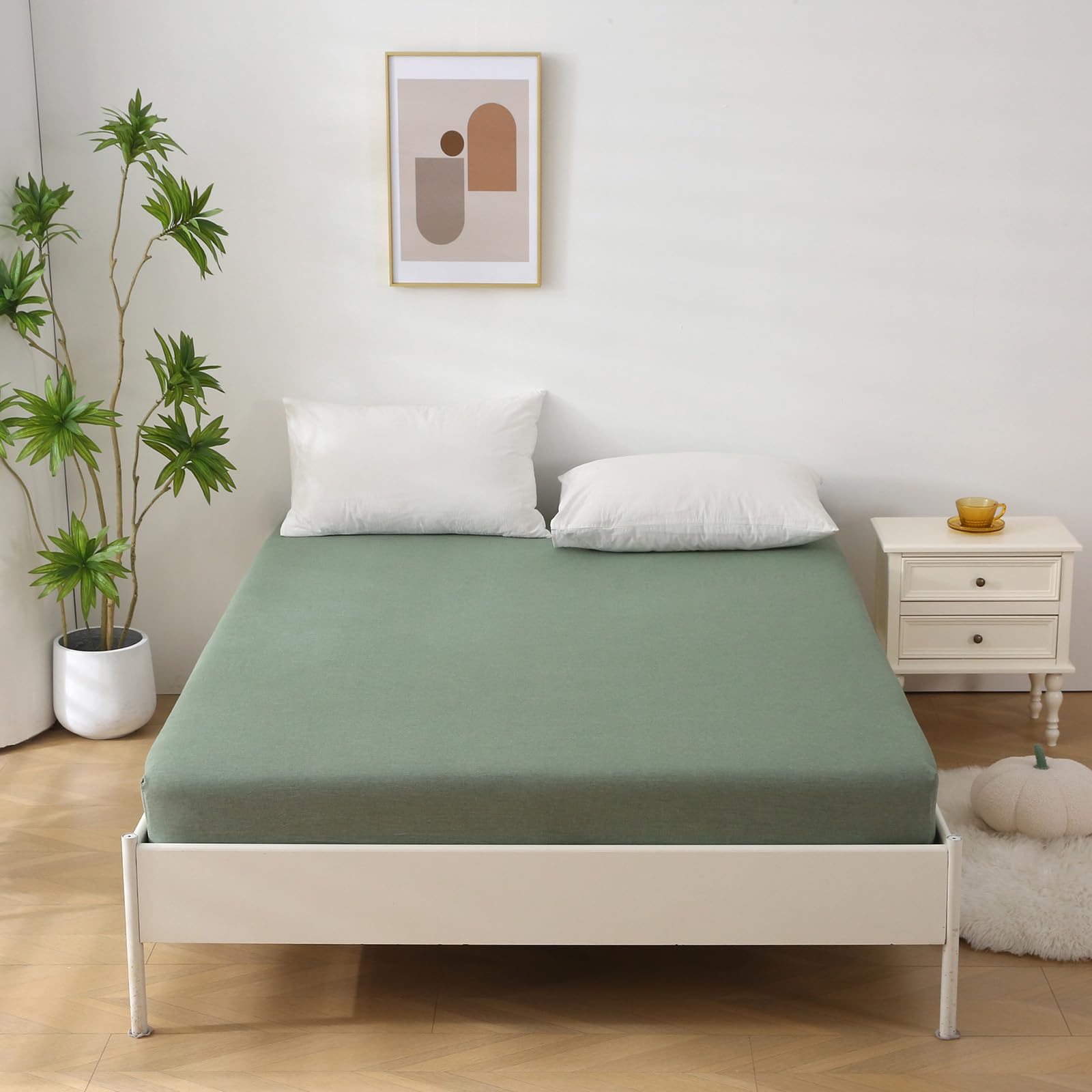 SOULFUL Spannbettlaken 140x200cm, 100% Gewaschene Baumwolle Bettlaken Spannbetttuch bis 25cm Matratzenhöhe, Atmungsaktiv mit Leinenartigem Griff, öKotex Zertifiziert-Salbei Grün 7