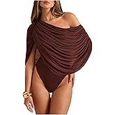 Milumia Women's Ruched Draped Mesh Off The Shoulder Bodysuit Asymmetrical Short Sleeve Leotard Tops
