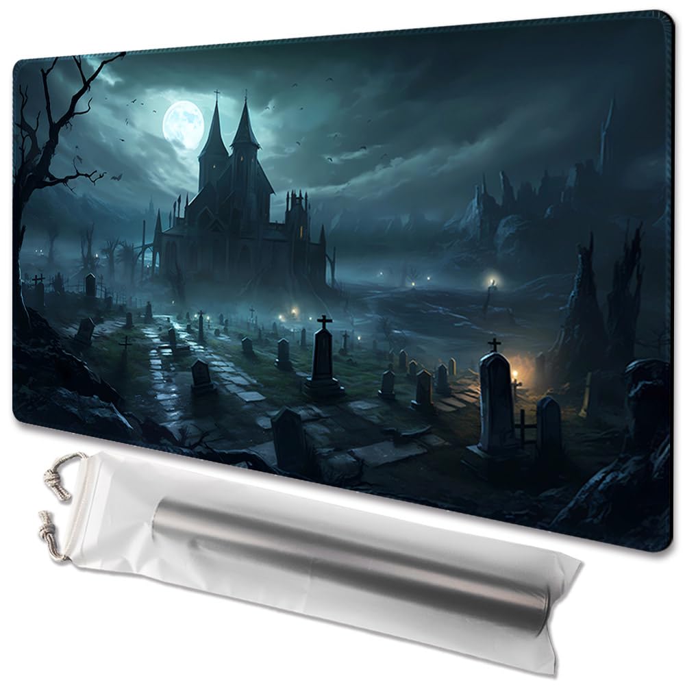 MTG Play Mat, Size 61 x 35 cm, Free Storage Pockets, Non-Slip Backing, Ideal for Card Game Lovers, TCG Play Mat (A Creepy Place, No Deck)