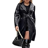 Gudasuo Leather Jacket Women Trench Coat Long Loose Button Jacket Open Front Motorcycle Coat with Belt