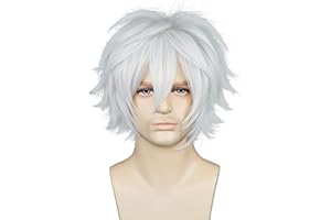 LABEAUTÉ Short Silver Cosplay Wig Male Men Anime Fluffy Silver Cosplay Wigs With Bangs Unisex Heat Resistant Hair for Party Halloween + Free Cap