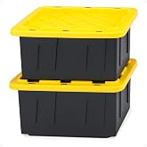 HOMZ Durabilt Plastic Storage Bins with Lids, 15 Gal, Black/Yellow, 2 Pack | Heavy-Duty Large Stackable Container Boxes for Home, Attic, and Garage Organization