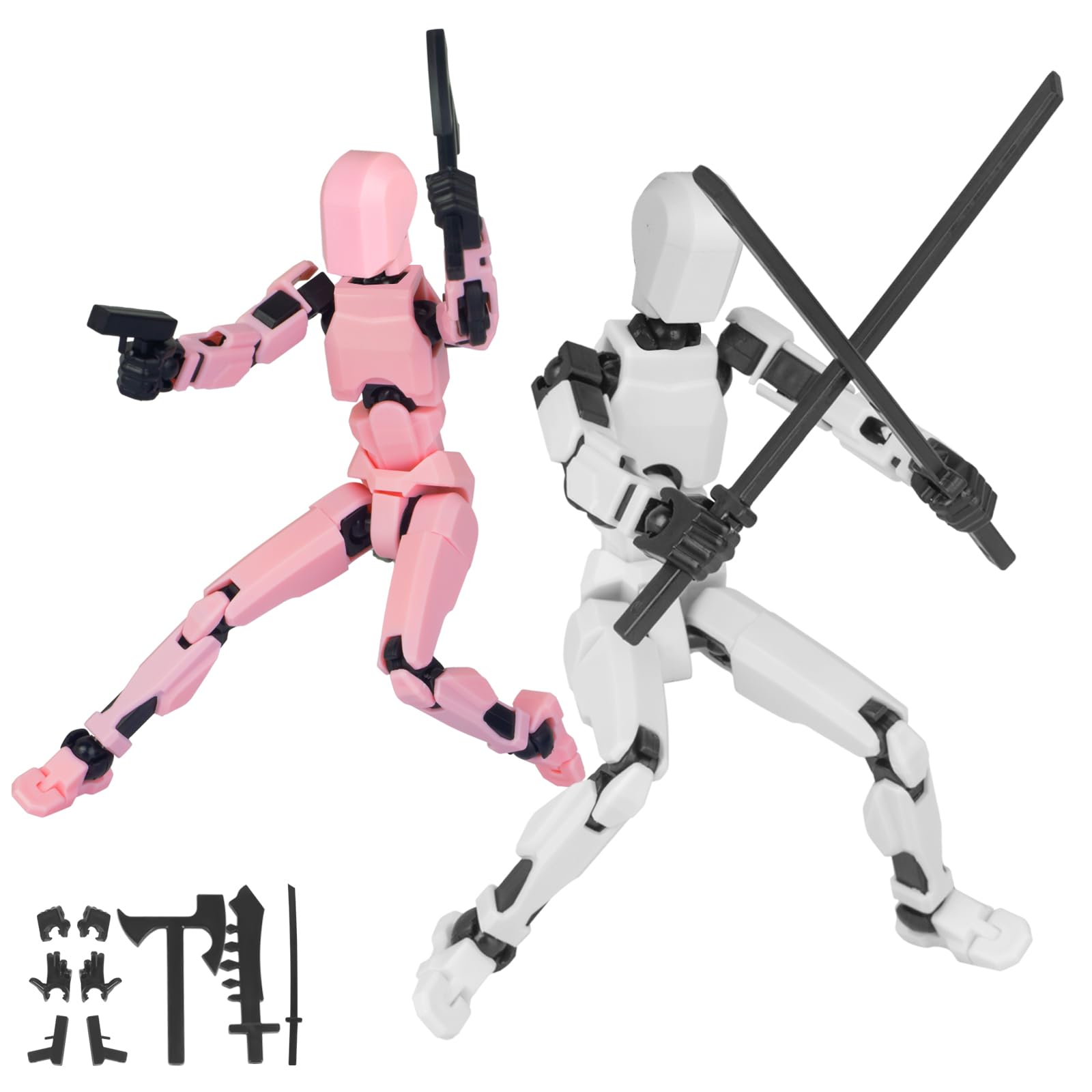 Photo 1 of OhPapawin T13 Action Figure Accessories Set, Titan13 3D Printed Articulated Robot Toys Weapons, Multi Jointed Movable Lucky Dummy Nova 13 Desktop Decorations 2 Pack Pink & White