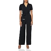 DKNY womens Belted Polo Collar Ruched Sleeve Jumpsuit