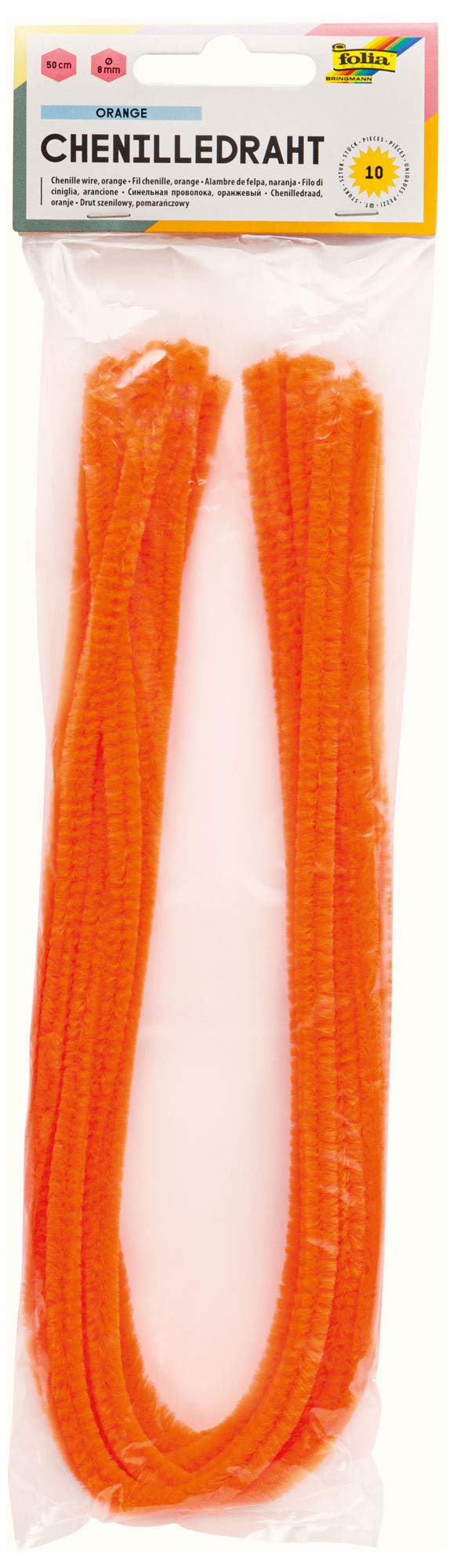 folia 77840 Chenille Wire, Pipe Cleaners, Pack of 10 in Orange, Diameter 8 mm and 50 cm Long, Ideal for Children for Crafts and Designing Animals, Figures and Other Shapes