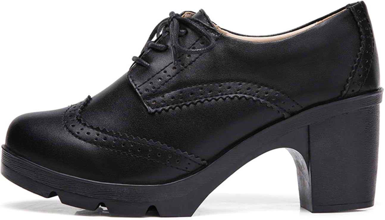  | DADAWEN Women's Leather Classic Lace Up Platform Chunky Mid-Heel Square Toe Oxfords Dress Pump Shoes | Oxfords
