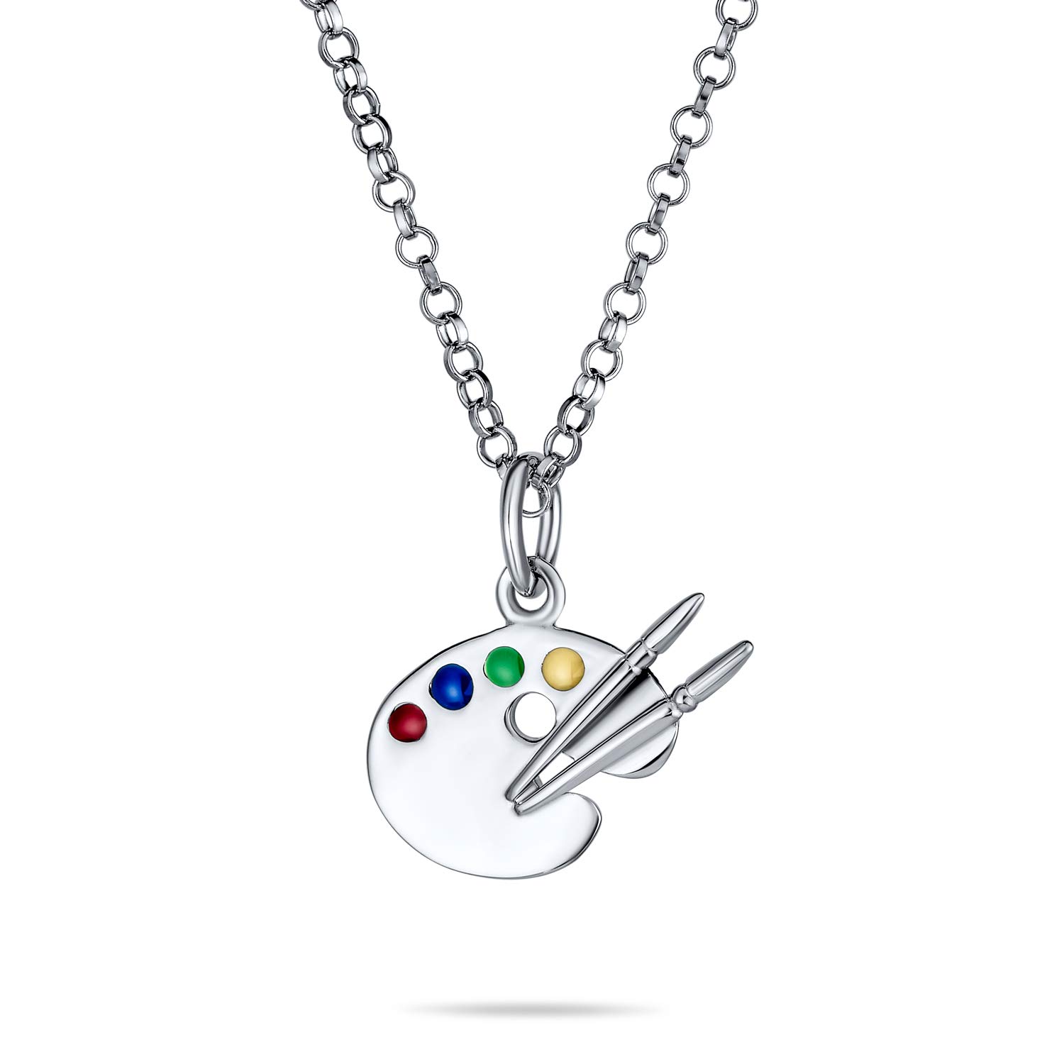 Bling Jewelry Painter Drawing Multi Color Enamel Future Artist Palette Art Paint Brush Pendant Necklace For Women Teen Art Teacher Women .925 Sterling Silver