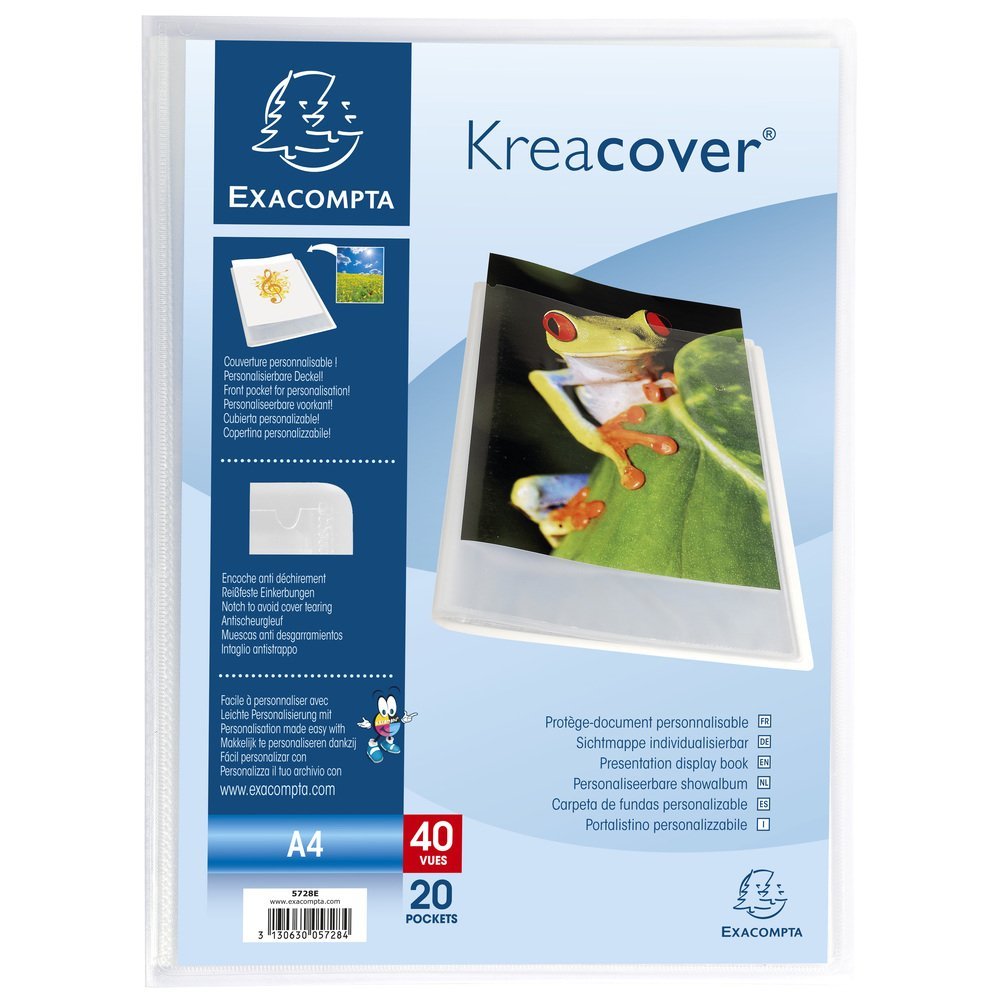 Exacompta - Ref 5728E - Kreacover Collection - Semi-Rigid Opaque PP Display Book - 240 x 320mm in Size, Suitable for A4 Documents, 20 Pockets - Clear (Single)