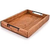 Mahasu Tray with Metal Handles Acacia Wood Serving Tray Decorative Ottoman Coffee Table Tray for Living Room Kitchen Food Tray (15" X 10" X 1.6")