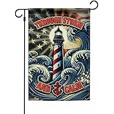 FLAGMEUP8386 Lighthouse Garden Flag, Double Sided 12x18 Inch, Patriotic Nautical Outdoor Yard Banner with American Flag & Waves, Memorial Outdoor Decor for Veterans Day, Patriot Day, 911