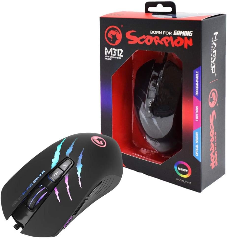 MARVO M312 Gaming Mouse - Rainbow RGB Lighting, Adjustable 4800dpi Optical Sensor, 7 Programmable Buttons, USB 2.0 Connection, Black