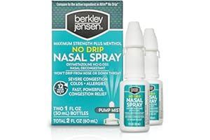 berkley jensen No Drip Severe Congestion Nasal Spray - Maximum Strength Decongestant with Oxymetazoline HCl & Menthol - Pump Mist Applicator, No Steroid, 12 Hour Relief, 1 Fluid Ounce (Pack of 2)