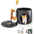 YLOKO 3D Dog Ceramic Coffee Mug,14 oz Cute Shiba Inu Mug wtih Spoon and Lid,Kawaii Animal Anime Style Tea Mug, Novelty Gifts for Kids Women Lovers Friends Coworker-Black