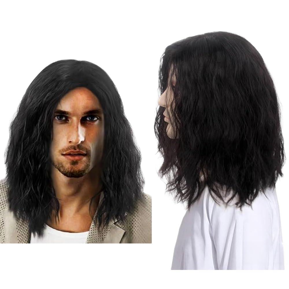 SDXCJY Mens Long Black Wig Mid Length Curly Hair, Long Wave Wig for Men,16 Inch Synthetic Heat Resistant Hair Rocking Dude Wigs for Men,70s 80s Fancy Dress Daily Costume Party Halloween (black)