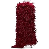 XBKXMK Fur Knee High Boots for Women Pointed Toe Stiletto Heel Fold Over Tall Boots Fashion Wide Calf Long Booties