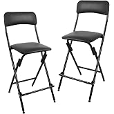 VENI HOME Folding Bar Stool with Backrest,25 Inch Leather Padded Counter Height Foldable Stool,Tall Folding Stool Chair for Gardening Kitchen Shop Cafe, Black (2 Pack)