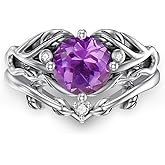 DOTOUJOUR Natural Amethyst Wedding Ring Set for Women Leaf 7mm Amethyst Bridal Ring Set 925 Sterling Silver for Her Wife