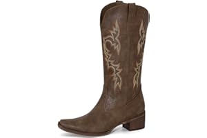 MISSMILLER Women's Square Toe Cowboy Cowgirl Boots Embroidered Mid Calf Chunky Heel Western Boots