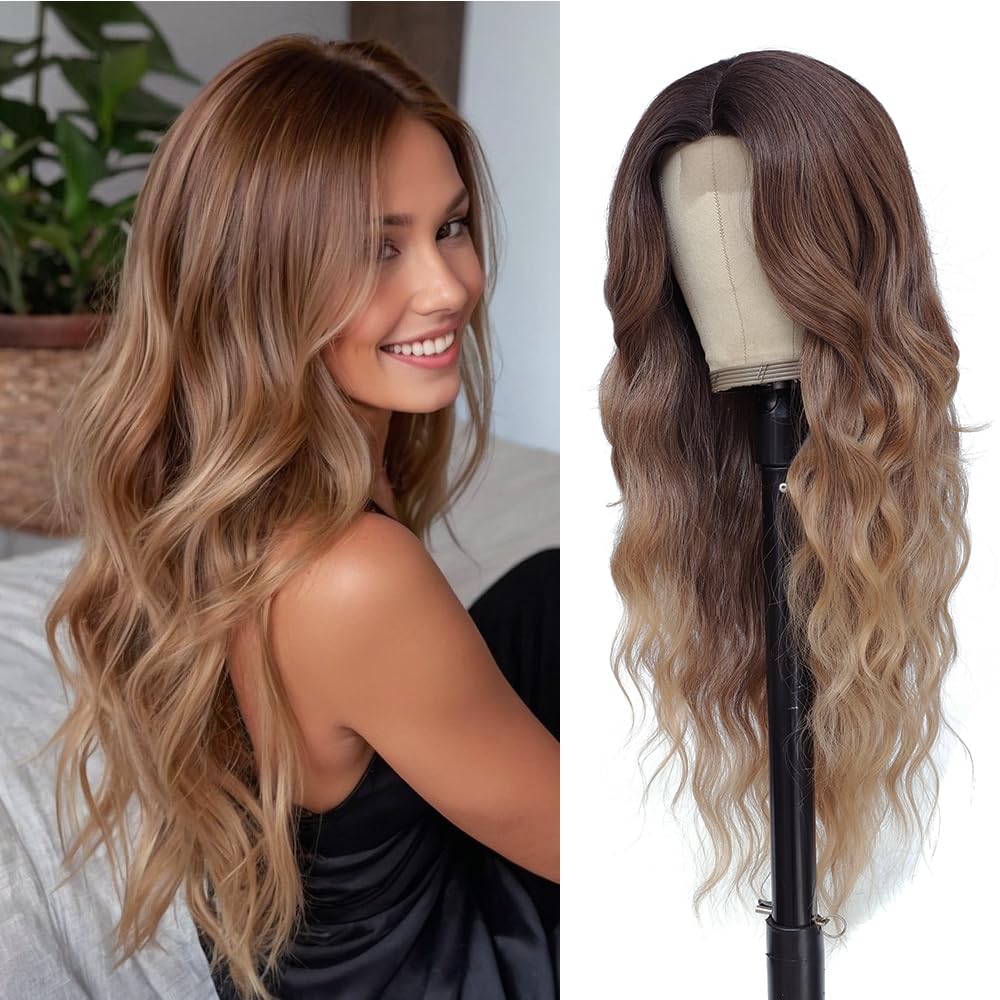 Photo 1 of Long Brown Balayage Blonde Wigs for Women 26inch Wavy Curly Wig Natural Looking Middle Part Synthetic Heat Resistant Hair Replacement Wigs for Daily