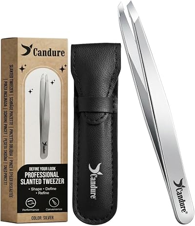 Candure Slanted Tweezers Stainless Steel with Leather Pouch