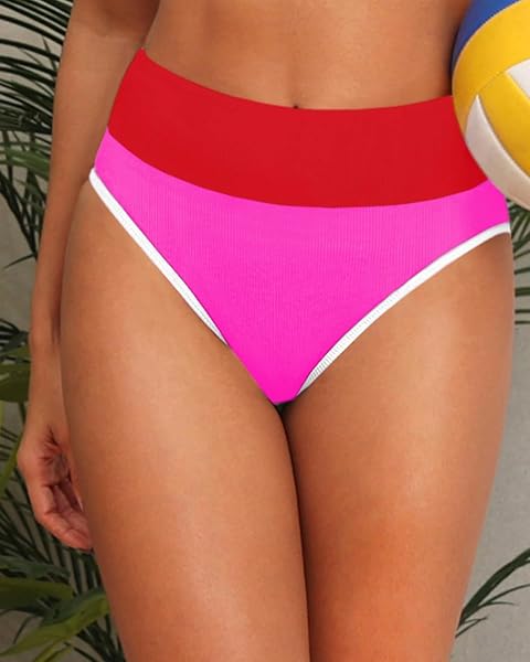 TEMPT ME WOMEN PINK AND RED COLORBLOCK BIKINI BOTTOM FULL COVERAGE BATHING SUIT BOTTOMS HIGH WAISTED SWIMSUIT BOTTOM XL