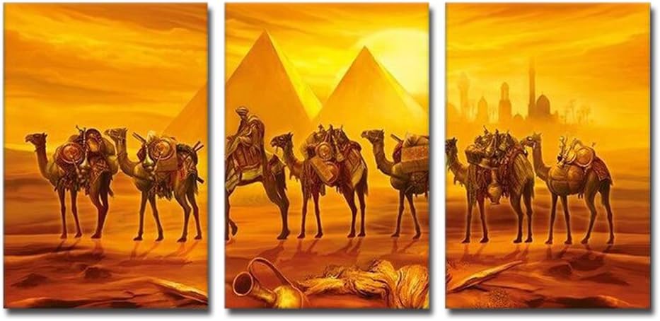 MOYI Desert Landscape Canvas Prints Wall Art Painting For Home Decor 3 Panel HD Pictures Egyptians Camels Walking in the Beautiful Sunset Scene Paintings