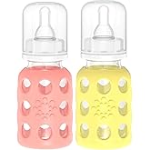 Lifefactory Glass Baby Bottle BPA Free | Protective Silicone Sleeve | 4 oz Pack of 2 | Cantaloupe, Banana